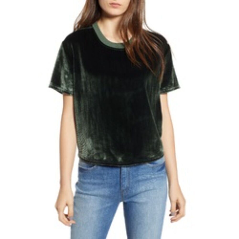 HUDSON Women's Dark Green Velour Velvet Short Sleeve Crew Neck Shirt Size XS